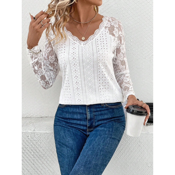 Shirt Women Spring Long Sleeve Lace Stitching Hollow Out Cutout Top