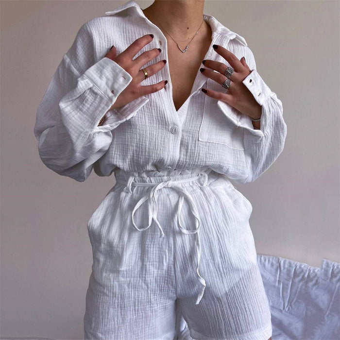 Women Clothing Suit Pure Cotton Summer Collared Long Sleeve Shirt High Waist Pocket Shorts Two Piece Set