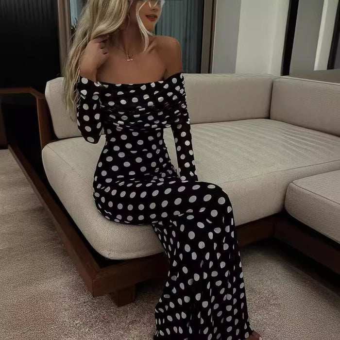 Spring Summer Gauze Polka Dot Stitching off Shoulder Sexy Slim Dress for Women