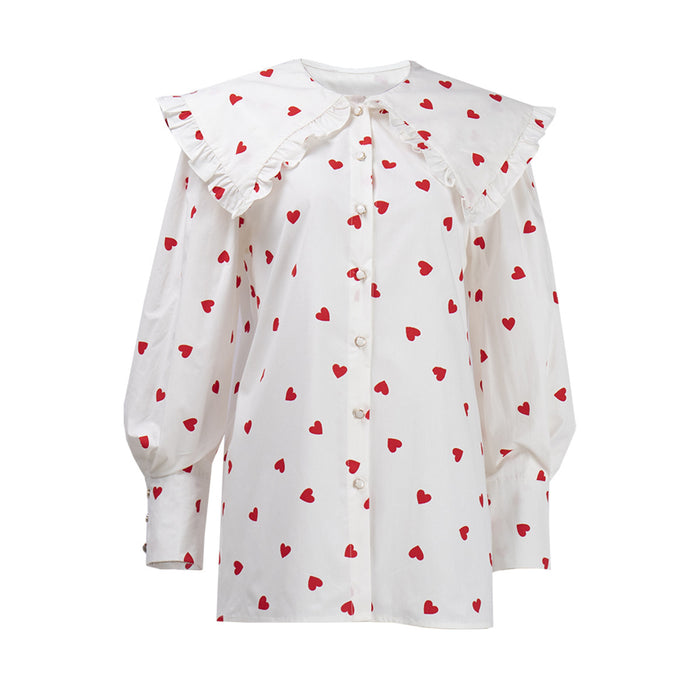 Heart Printing Shirt Summer Red Heart Printing Printed Peter Pan Collar Lantern Sleeve Shirt