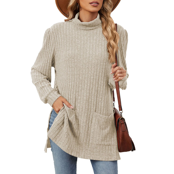 Autumn Winter Half High Collar Long Sleeves Loose Split Pocket T shirt Top