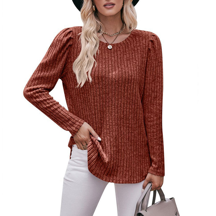 Women round-Neck Puff Sleeve Brushed Sunken Stripe Solid Color Upper Clothes Long Sleeves T-shirt