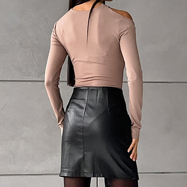 Sexy Slim Hip Fleece lined Artificial Leather A Swing High Waist Leather Skirt Autumn Skirt Women