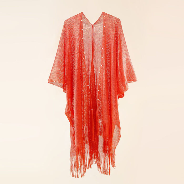 Street Spring Summer Sun Protection Solid Color Pearl Tassel Cardigan Shawl