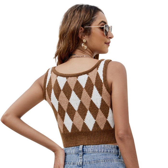 Sexy cropped Diamond Lattice Knitted Vest U-Neck Short Sleeveless Jacquard Knitted Cardigan