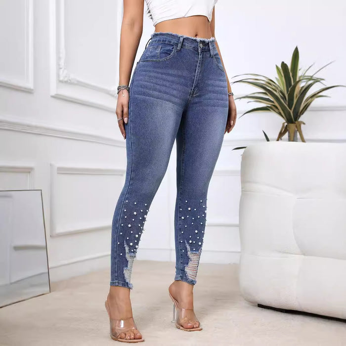 Ladies Stretch Denim Trousers Personalized Pearl Ripped Tassel Smalt