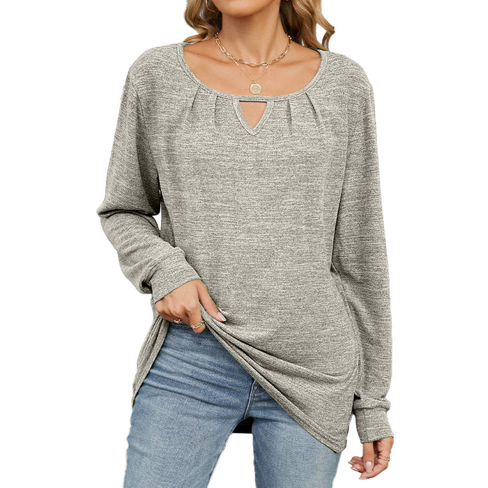 Autumn Winter Solid Color Pleated Brushed Hollow Out Cutout Loose Long Sleeve T Shirt Women