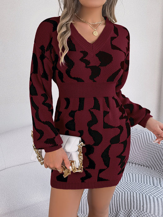 Autumn Winter V neck Contrast Color Long Sleeves Waist Tight Package Hip Sweater Dress Women Clothing