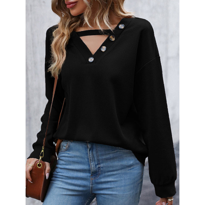 Women Autumn Long Sleeve Hollow Out Cutout out V neck Knitted Top