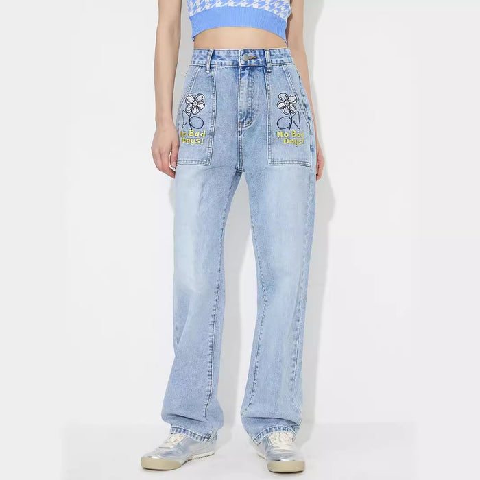 Women Clothing Straight Embroidered Loose High Waist Denim Trousers