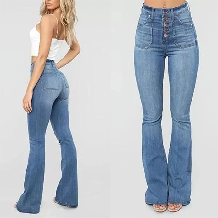 Spring Summer Patch Pocket Washed Clinch Women High Waist Denim Pants