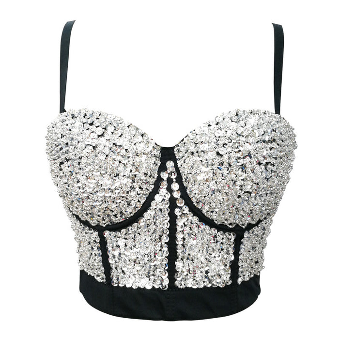 Golden Silver Starry Beaded Bra Costumes Sexy Tube Top Boning Corset Sling Women