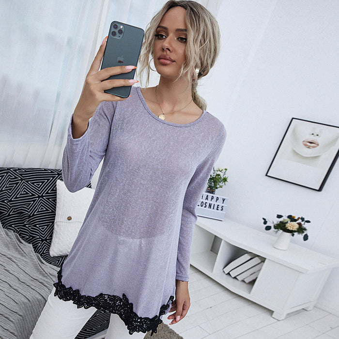 Spring Women Clothing Round Neck Pullover Lace Lace Stitching Shirt Sweater T Shirt Women