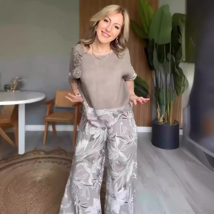 Stitching round Neck Short-Sleeved Top Printed Wide Leg Pants Trousers Two Piece Set for Women