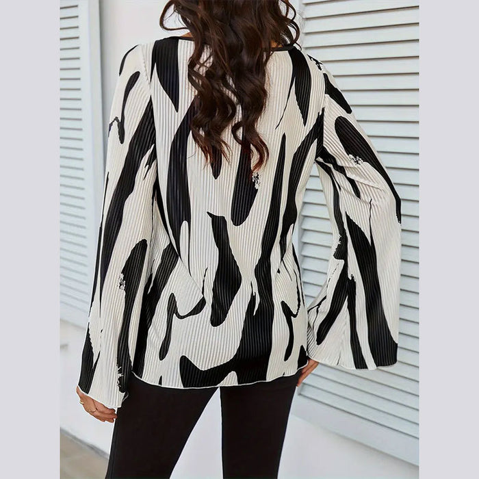 Pleated Printed Flared Sleeves Long Sleeves Top Women Loose Round Neck T shirt Women Summer