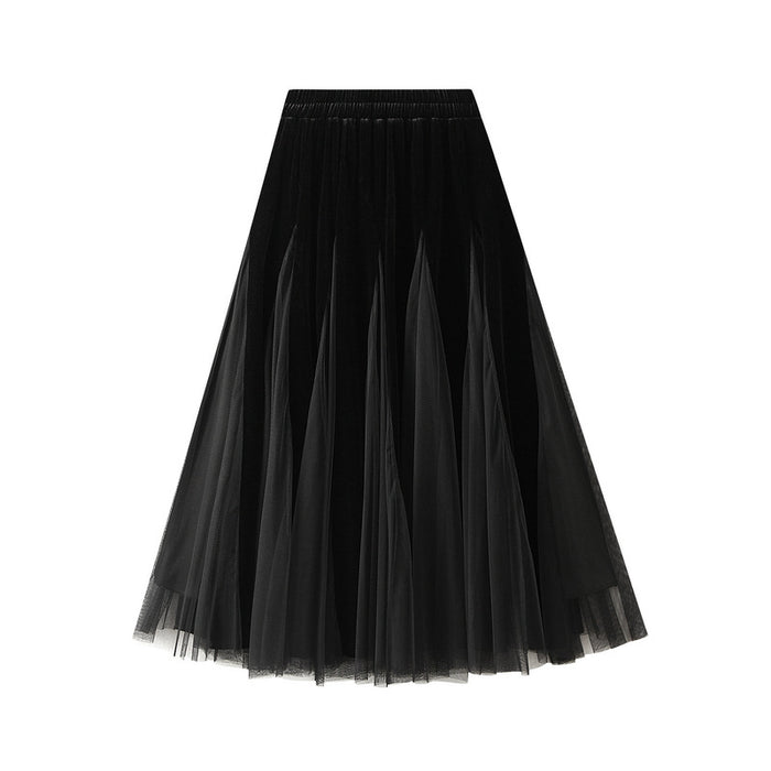 Autumn Winter Pleuche Patchwork Mesh Skirt Women Mid Length High Waist Slimming Large Hem Yarn Skirt