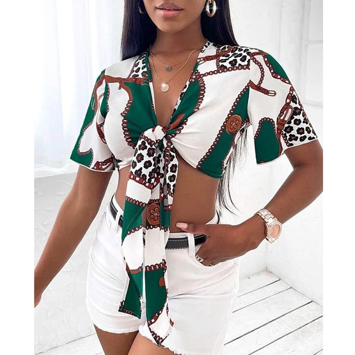 Women Clothing Shirt Bow Lace-up Sexy Shirt Summer Short Sleeve Printed Top