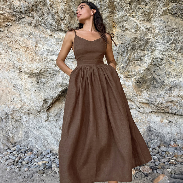 French Khaki Cotton Linen Breathable Strap High Waist Dress Spring Holiday Maxi Dress Women