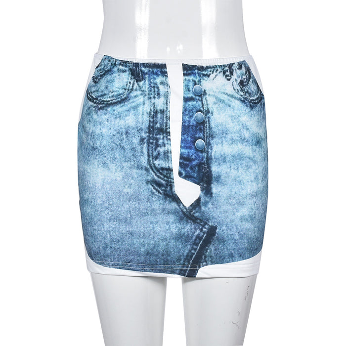 Women Clothing Spring Summer Skirt Imitation Denim Printed Personalized Stretch Sheath Skirt for Women