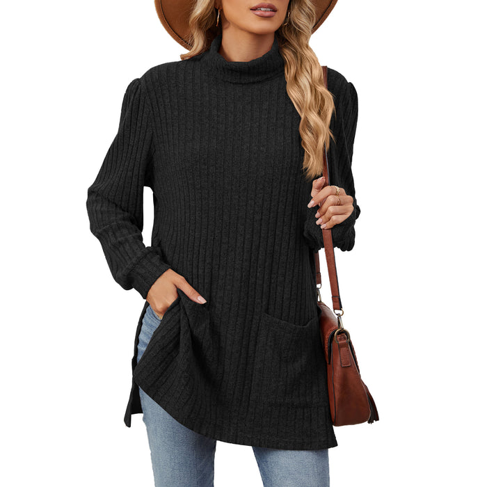 Autumn Winter Half High Collar Long Sleeves Loose Split Pocket T shirt Top