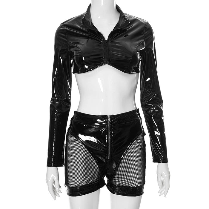 Women Clothing Faux Leather Mirror Skin Sexy Zipper Short Top Hollow Out Cutout Sheath Shorts Suit