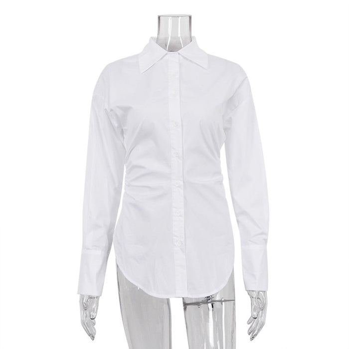 Autumn Pure Cotton All-Matching Long Sleeve Collared Women Shirt Casual Waist Tight Slimming Slim Fit White Shirt