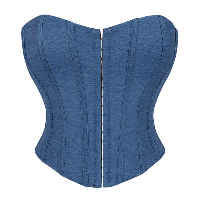 Blue Color Denim Single-Breasted Women's Tube Top Breasts Support Push up Court Body Shaping Top