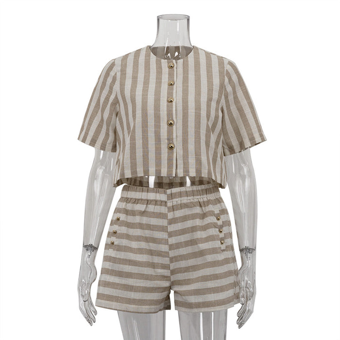 Women Clothing Short Sleeve Striped Shirt Shorts Suit Loose Breathable Two Piece Set