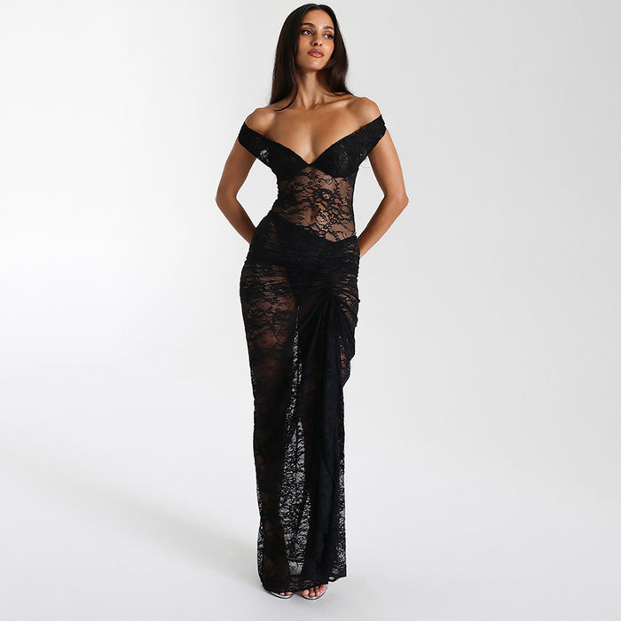 Women Clothing Summer Lace off Shoulder Jumpsuit High Waist Dress See through Set