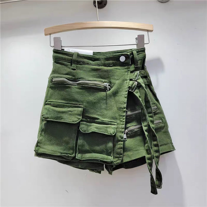 Korean Irregular Asymmetric Multi Pocket Workwear A Line Shorts Women Loose Wide Leg Summer Lace Up Denim Skirted Leggings