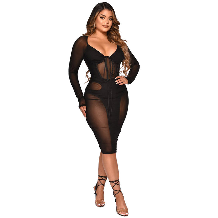 Women Clothing Sexy Mesh Stitching See through Tied Dress Women