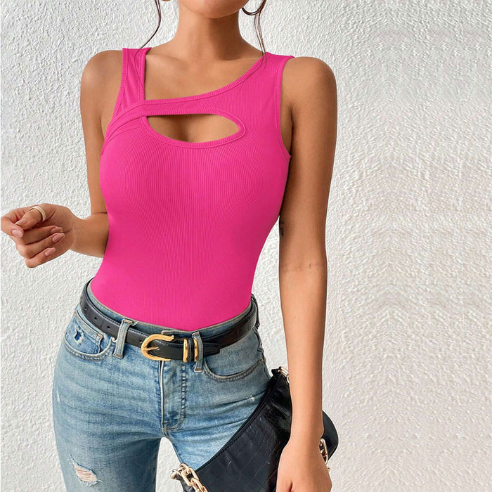 Women Clothing Slim Fit Sexy Knitted Solid Color Hollow Out Cutout Vest T shirt Top