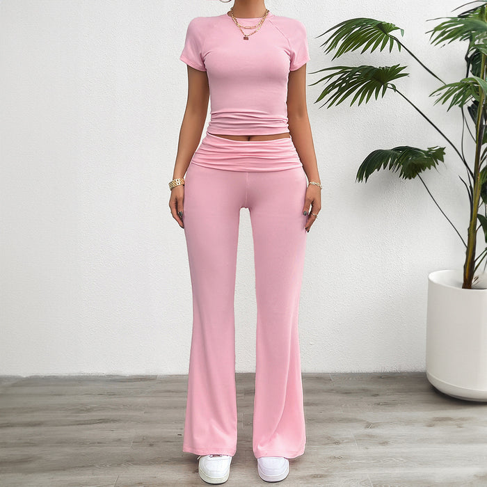 Women Clothing Spring Summer Casual Solid Color Slim Fit Short Sleeve Trousers Set