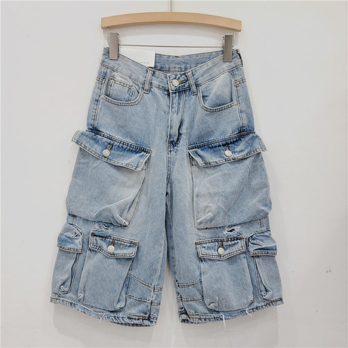 Multi Pocket Denim Shorts Brand Faux Leather Shuai Mei Retro Washed Distressed Tooling Loose Casual Cropped Trousers