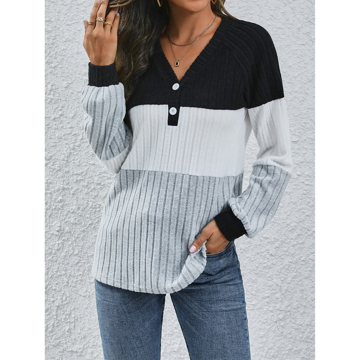 Shirt Women Spring Long Sleeve V Collar Contrast Color Button Top