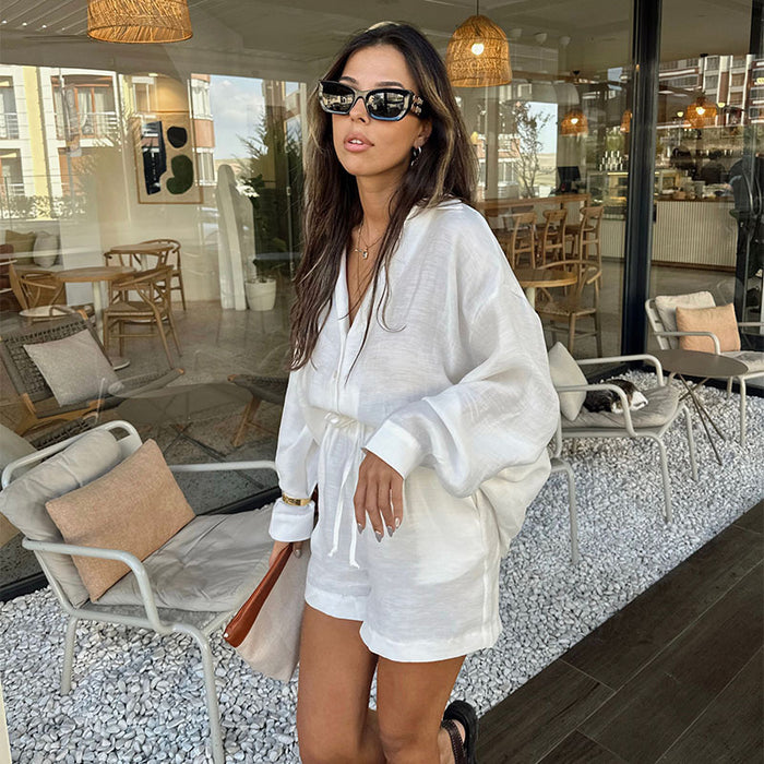 Spring Summer Casual Set V Neck Loose Shirt High Waist Drawstring Shorts