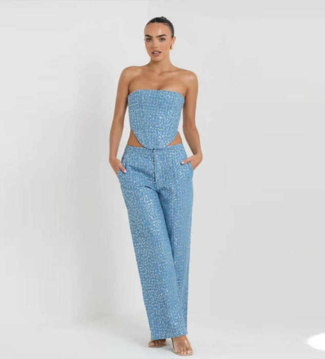 Spring Summer Denim Sequ Tube Top Wide Leg Pants Suit