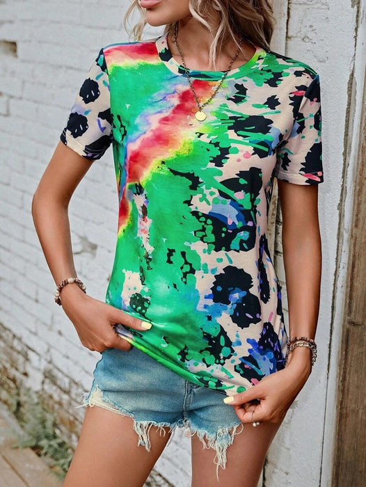 Women Clothing Summer Painted Positioning Floral Short Sleeve Slim Top Women