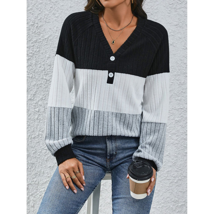 Shirt Women Spring Long Sleeve V Collar Contrast Color Button Top