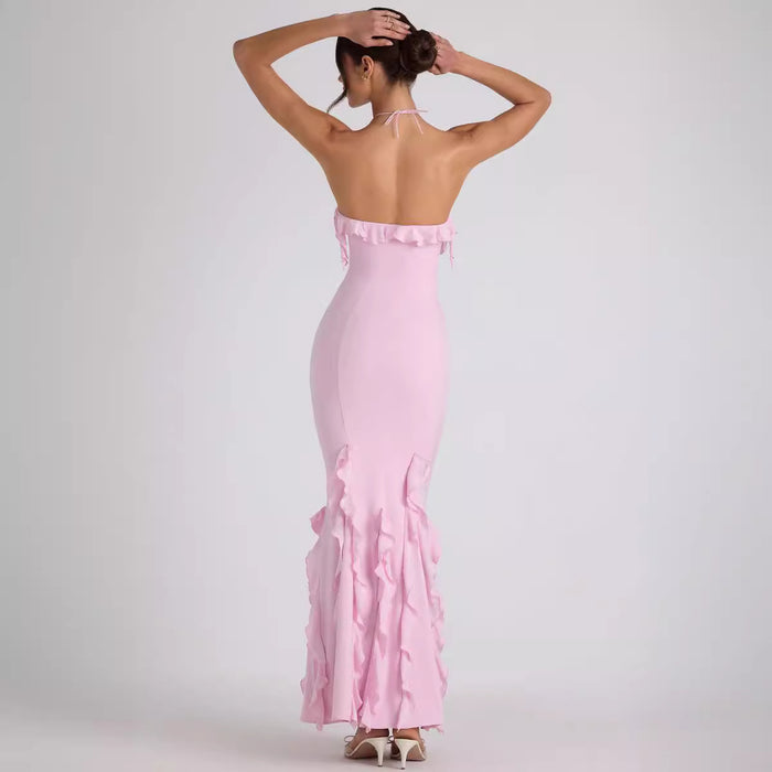 Women Summer Sexy Halter Backless Sheath Ruffled Pleated Drape Evening Dress Maxi Dress