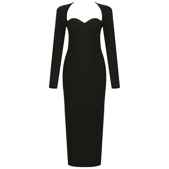 Bandage Dress Simple Graceful French Long Sleeve Cocktail Evening Dress