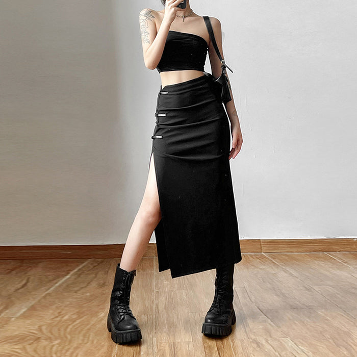 Fall Women Clothing Solid Color Slim Fit High Waist Split Mid Length Skirt for Women