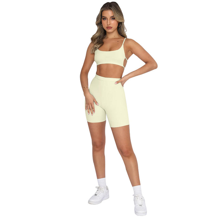 Summer Solid Color Sexy Sling Backless Top Women Clothing Sports Shorts Suit