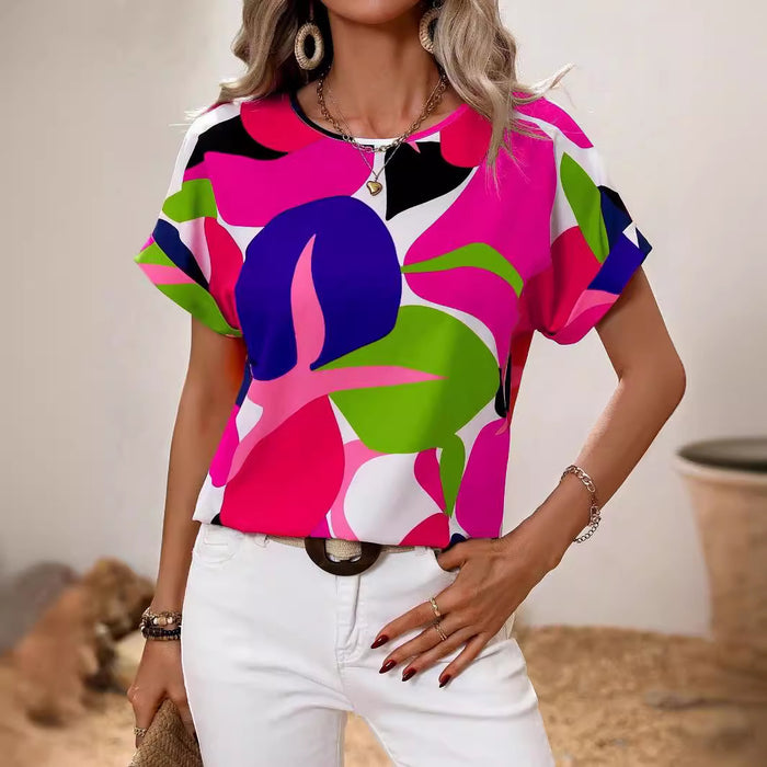 Women Clothing Summer Printed Multi Color U Neck Women Short Sleeved Blouse