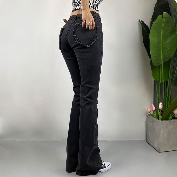 Sweet Sexy Slim Fit Hip Lifting Love Pocket Bell Bottom Pants Retro High Waist Stretch Jeans Trousers