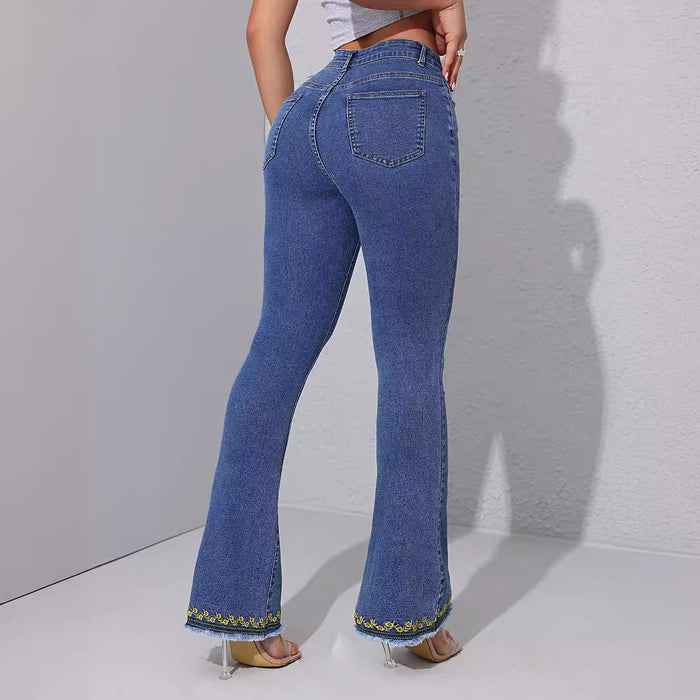 Women Slightly Flared Jeans Trousers Embroidered Burrs Slimming Casual All Matching