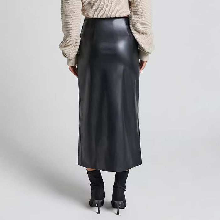 Autumn Winter Faux Leather Split Leather Skirt High Waist Zipper Skirt Slim Sheath Long Skirt Women