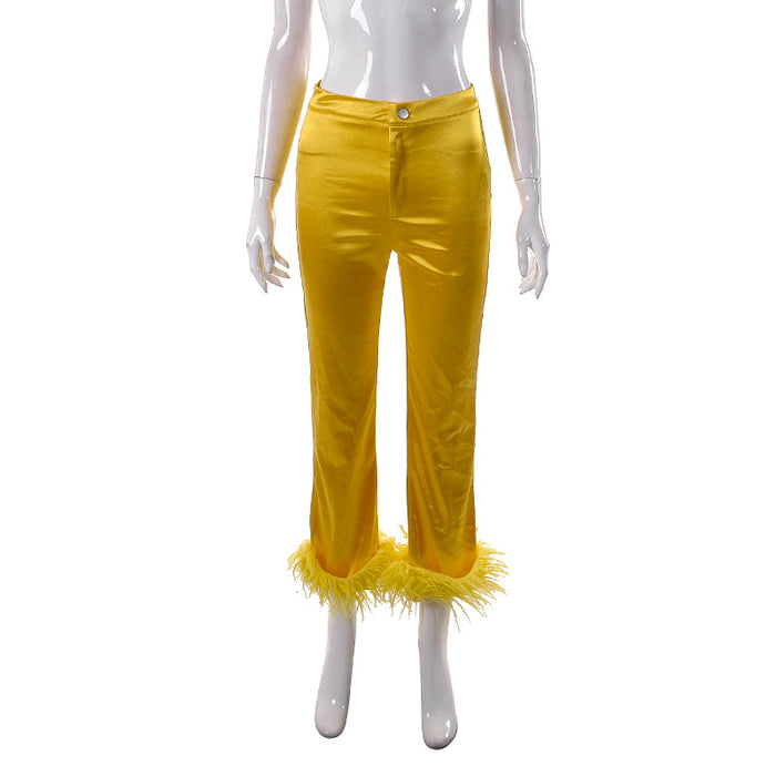 Women Clothing Spring High Waist Slim Feather Glossy Performance Casual Straight Trousers