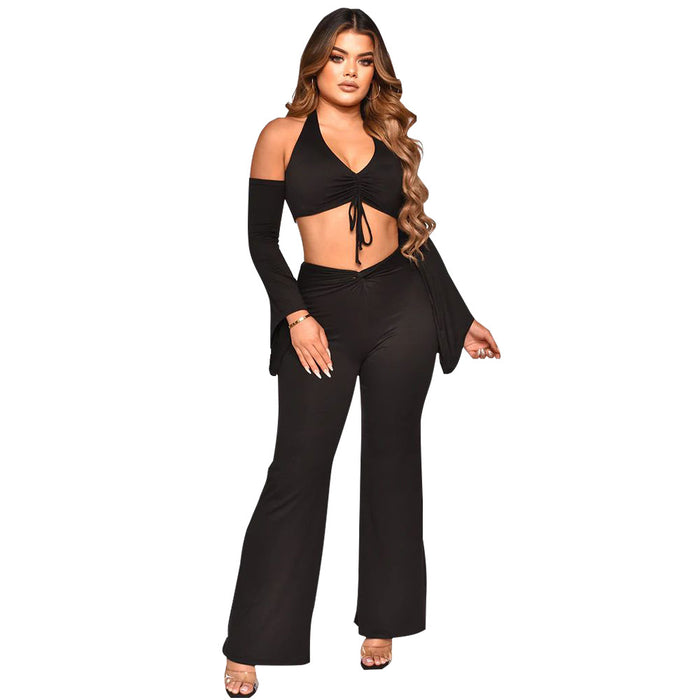 Women Wear Halterneck Long Sleeved Cropped Exposed Blouse Pants Sets