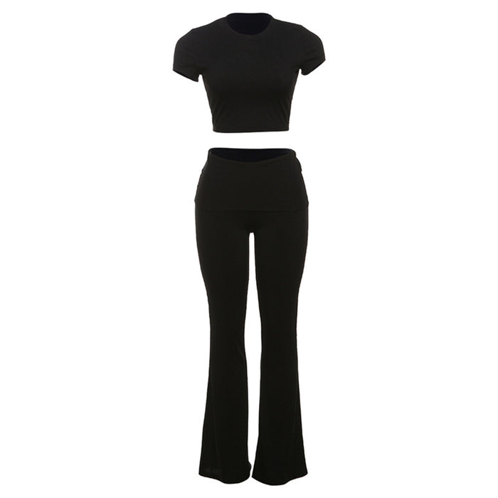 Spring Sexy Slim Fit Crop Top Short Sleeve T shirt High Waist Tight Casual Trousers Set